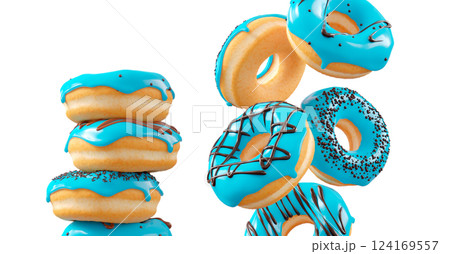 Donuts with blue blueberry glaze, sprinkles, white drizzle, and dots isolated on white transparent background 124169557