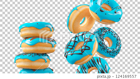 Donuts with blue blueberry glaze, sprinkles, white drizzle, and dots isolated on white transparent background 124169557