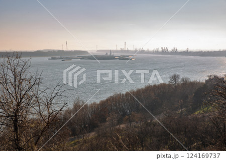 Danube river and Romportmet industrial zone. Galati, Romania 124169737