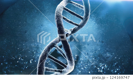 Real photo DNA helix structure on blue background under microscope 124169747