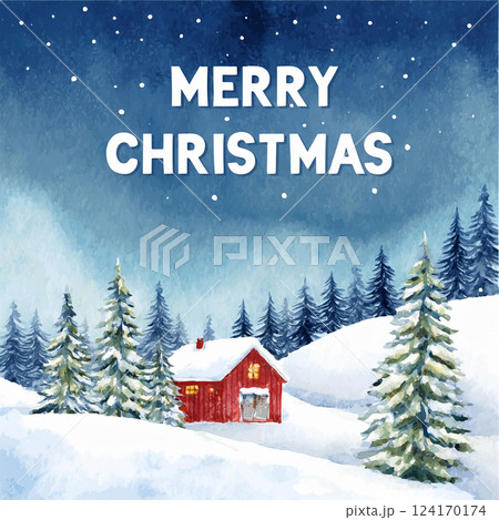 Watercolor illustration of an elegant Merry Christmas or Happy New Year invitation card or letter of a Christmas night winter landscape with a house, pine trees and snow 124170174