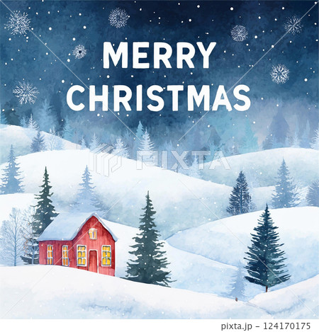 Watercolor illustration of an elegant Merry Christmas or Happy New Year invitation card or letter of a Christmas night winter landscape with a house, pine trees and snow 124170175