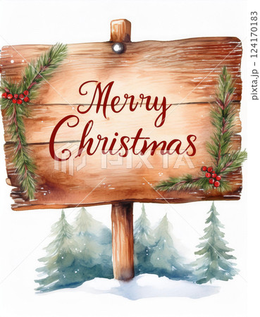 Watercolor illustration of a wooden sign with a Merry Christmas text with a pine tree background. Christmas greeting card or dedication Watercolor illustration of a wooden sign with a Merry Christmas text with a pine tree background. Christmas greeting card or dedication 124170183