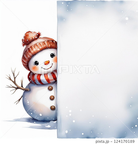 Watercolor illustration of a charming snowman wearing a cozy hat and scarf, peeking from behind a blank sign for personalized text. Perfect for Christmas cards or holiday invitations 124170189