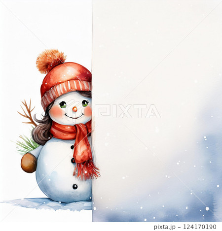 Watercolor drawing of Merry Christmas greeting card with cute and tender snowman with hat and scarf behind a sign with copy space for text. Christmas invitation card or letter Watercolor drawing of Merry Christmas greeting card with cute and tender snowman with hat and scarf behind a sign with copy space for text. Christmas invitation card or letter 124170190