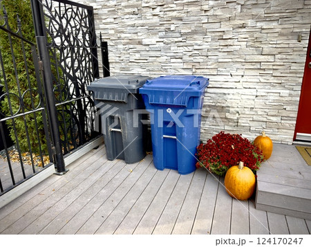 Garbage bins for waste separation near the house 124170247