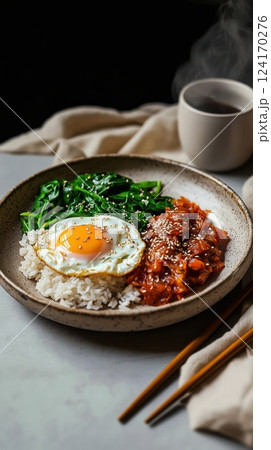 rustic ceramic plate with vibrant kimchi, perfectly poached egg, fluffy basmati rice, and sauteed spinach with sesame seeds, moody natural lighting, soft foreground elements for depth 124170276