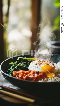 rustic ceramic plate with vibrant kimchi, perfectly poached egg, fluffy basmati rice, and sauteed spinach with sesame seeds, moody natural lighting, soft foreground elements for depth 124170278