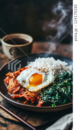 rustic ceramic plate with vibrant kimchi, perfectly poached egg, fluffy basmati rice, and sauteed spinach with sesame seeds, moody natural lighting, soft foreground elements for depth 124170280