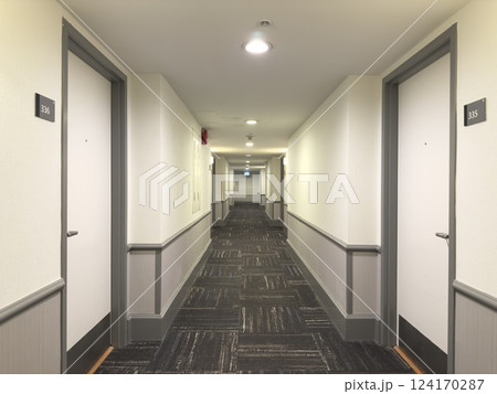 hotel corridor in light colors with carpet 124170287