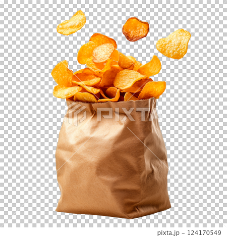 Crispy potato chips in a brown paper bag, isolated on a transparent background. Golden, crunchy snack with flying chips in mid-air 124170549