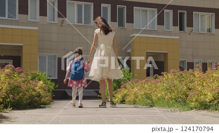 Mother leads little child kid daughter, holding hand, with backpack school, girl holding hand parent, mother, happy family, parent-child relationship, secure school walk, academic preparation, school 124170794
