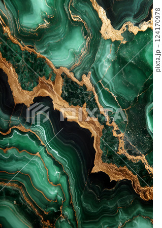 Luxurious green and gold marble texture with intricate veining patterns, abstract background 124170978