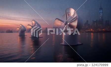 Futuristic wind turbines on water at dusk against city skyline Futuristic wind turbines on water at dusk against city skyline 124170999