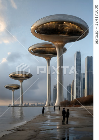 Futuristic pod-like structures by modern city skyline alongside waterfront at dusk Futuristic pod-like structures by modern city skyline alongside waterfront at dusk 124171000