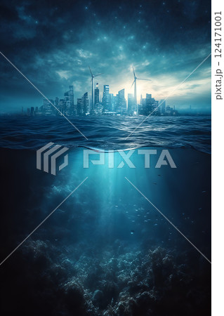 Futuristic city skyline at dusk with wind turbines and ocean depths beneath a starry sky Futuristic city skyline at dusk with wind turbines and ocean depths beneath a starry sky 124171001