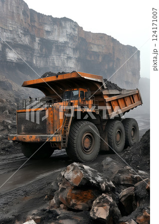 Gigantic mining dump truck in rocky quarry with eroded cliff and heavy machinery 124171007