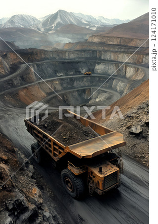 Large mining trucks in open-pit mine with rugged mountainous background 124171010