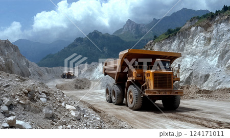 Massive dump truck in rugged mountain quarry with dramatic clouds and majestic views 124171011