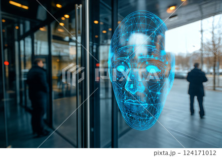 Futuristic augmented reality face interface on glass door in urban office setting 124171012