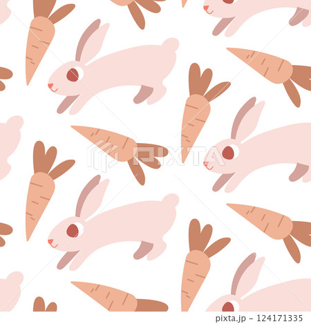 Seamless Pattern of Playful Rabbits and Carrots in Soft Pastel Colors 124171335