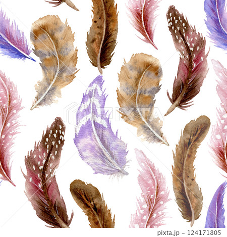 Seamless pattern of different color feathers with different vibrant by watercolor Seamless pattern of different color feathers with different vibrant by watercolor 124171805