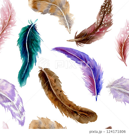 Seamless pattern of different color feathers with different vibrant by watercolor 124171806