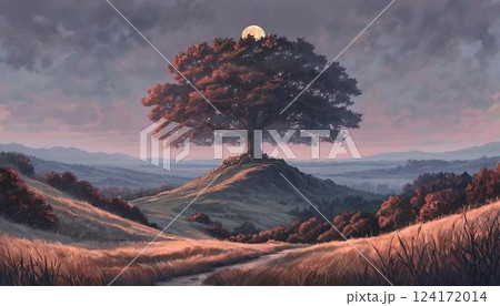 一本の樹木から見え隠れする月の風景 一本の樹木から見え隠れする月の風景 124172014