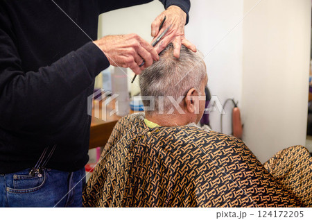 Mens Haircut at Traditional Barbershop Skilled Hairdresser Mens Haircut at Traditional Barbershop Skilled Hairdresser 124172205