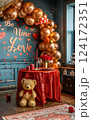 Romantic Valentines Day Room Decor with Heart Balloons and Roses Romantic Valentines Day Room Decor with Heart Balloons and Roses 124172351