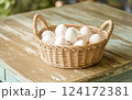 Farm Fresh Eggs in a Rustic Basket Homestead Style Farm Fresh Eggs in a Rustic Basket Homestead Style 124172381