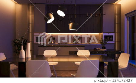 A modern kitchen and dining area bathed in warm, ambient lighting. 3D render A modern kitchen and dining area bathed in warm, ambient lighting. 3D render 124172427