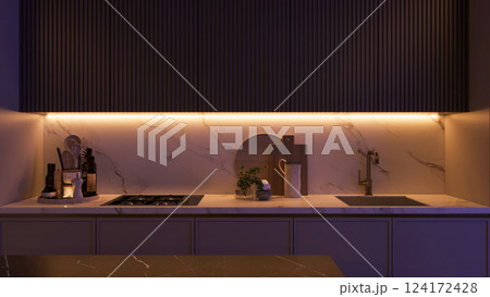 Image showcases a modern kitchen detail, emphasizing a sleek countertop with various utensils and a built-in stovetop, illuminated by warm LED lighting, 3D render Image showcases a modern kitchen detail, emphasizing a sleek countertop with various utensils and a built-in stovetop, illuminated by warm LED lighting, 3D render 124172428