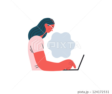 Writing people, modern flat vector concept illustration- sitting woman thoughtfully writing on laptop, bubble near head Metaphor for reflection, personal insight, contemplation, creative expression 124172531