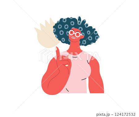 Thinking people, modern flat vector concept illustration- woman standing thoughtfully, looking upwards, bubble near head Metaphor for reflection, analysis, introspection, contemplation, deep thought 124172532
