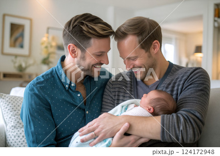 Loving Couple Cherishing Their Newborn in a Cozy Living Room Setting During Daytime 124172948