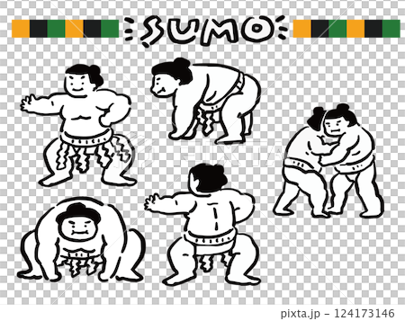 A set of loose line-drawing style illustrations of sumo wrestlers 124173146