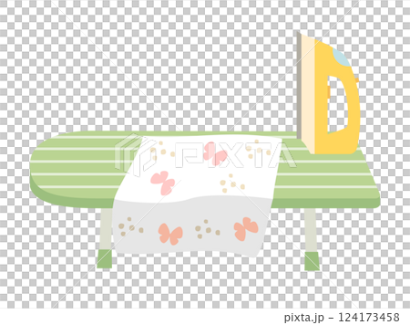 An illustration combining a standing iron, ironing board and fabric 124173458