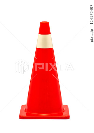 A Bright Red Traffic Cone Standing Alone on a White Background Symbolizing Safety and Road Management in Urban Environments and Public Spaces A Bright Red Traffic Cone Standing Alone on a White Background Symbolizing Safety and Road Management in Urban Environments and Public Spaces 124173497