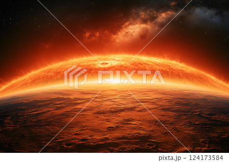 Stunning View of the Sun Rising Against a Dark Starry Sky in the Solar System 124173584