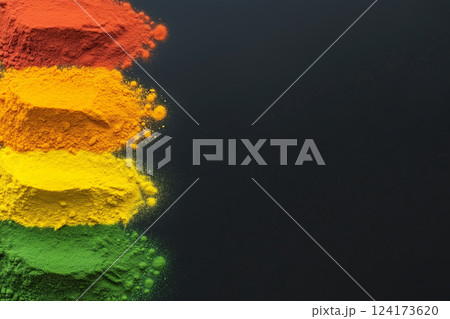 Vibrant Colorful Powders Arranged in Bands on a Black Background for Artistic and Creative Use 124173620