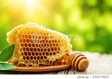 Assorted Types of Honey on a Wooden Platter with Honeycomb and Honey Dipper in Natural Setting Assorted Types of Honey on a Wooden Platter with Honeycomb and Honey Dipper in Natural Setting 124173627