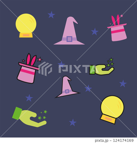 Colored pattern background with different magic icons 124174169