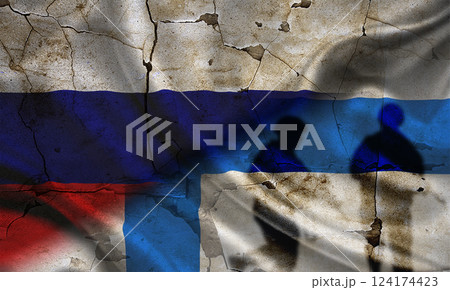 Concept of war between Russia and Finland, silhouette of soldiers on russia vs finland flag, Russia vs Finland flag, cracked wall with russia and finland flag, confrontation between russia vs finland 124174423