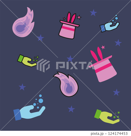 Colored pattern background with different magic icons 124174453