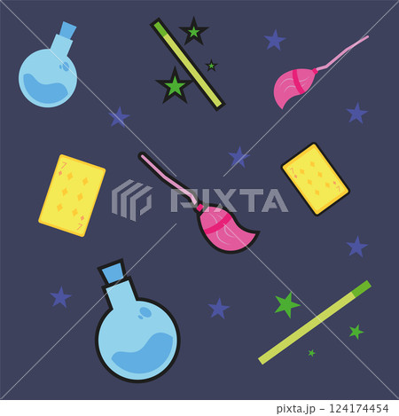 Colored pattern background with different magic icons Colored pattern background with different magic icons 124174454
