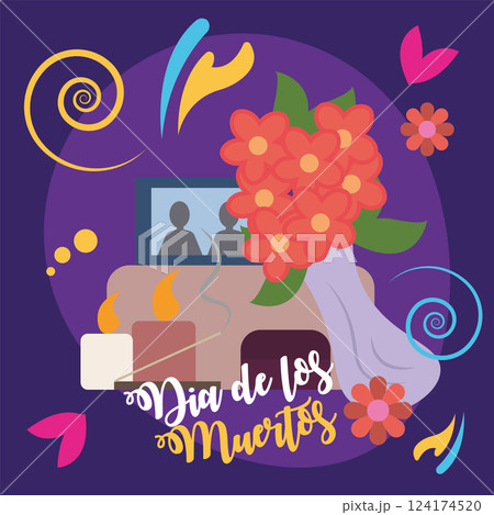 Flower bouquet with altar and incense for tribute. Vector Flower bouquet with altar and incense for tribute. Vector 124174520