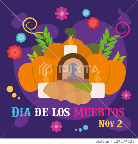 Pumpkin altar with candles and pan de muerto. Vector 124174523