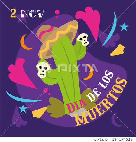 Cactus with sombrero holding skulls for Dia de Muertos. Vector Cactus with sombrero holding skulls for Dia de Muertos. Vector 124174525