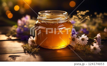 新鮮な天然蜂蜜の瓶と花2 124174853